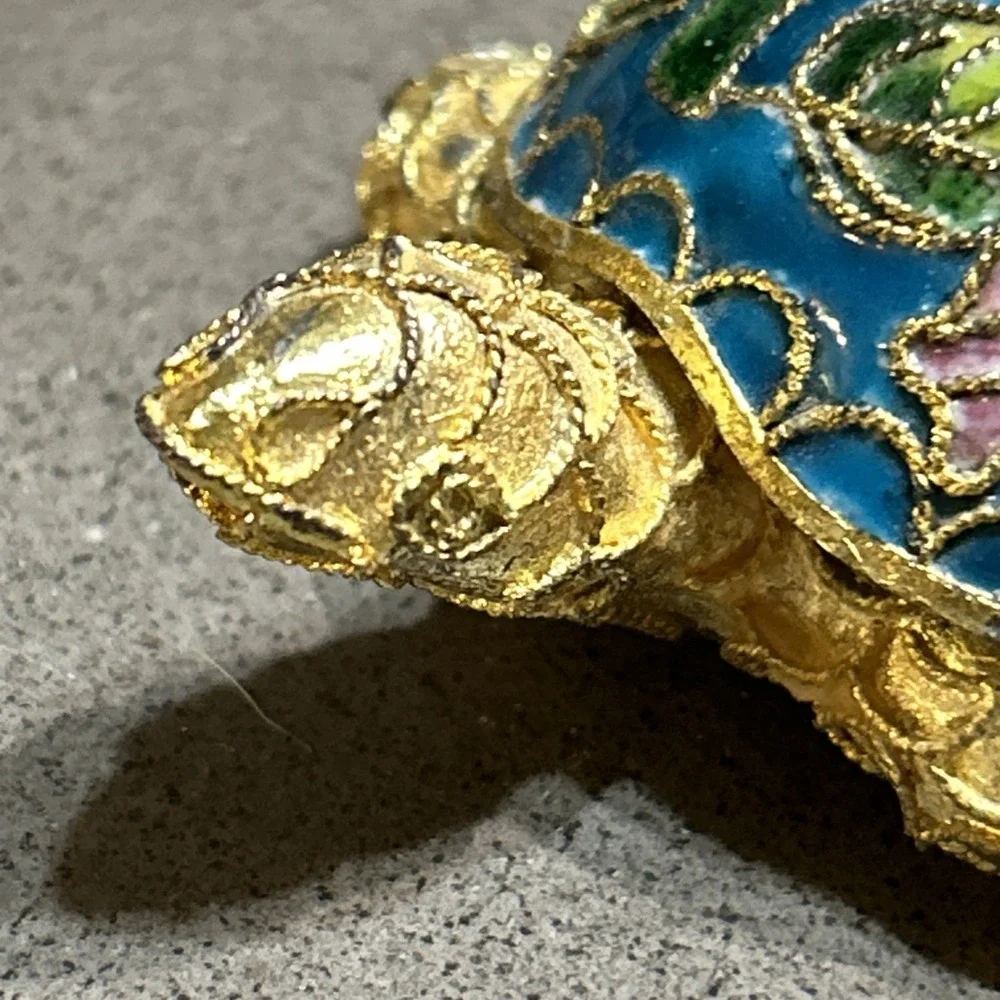 Vintage Floral Cloisonne Sea Turtle Enamel Gold Pink Collectible Figurine 3.5